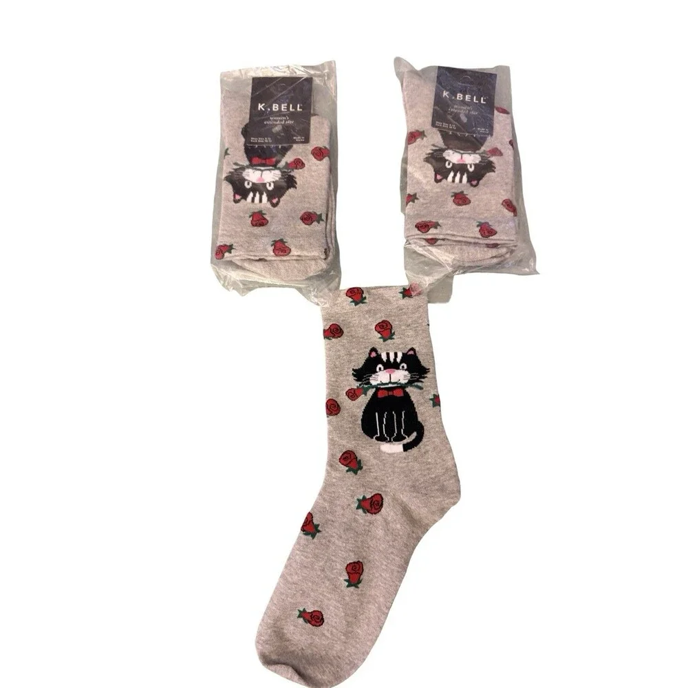K Bell Womens Crew Socks 2 Pair Lot Cat Roses Gray Novelty Size 8-12 New